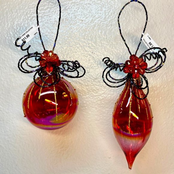 Vintage Christmas Glass Ornaments Red Teardrop Round W Beads Decor Set of 2 NWT - Picture 3 of 15